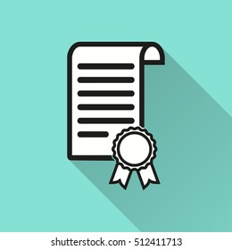 Certificate vector icon with long shadow. Illustration isolated for graphic and web design.
