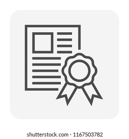 Certificate vector icon. May called certified document, diploma, award or license consist of paper, ribbon, medal for warranty degree, education and graduation. Also qualification, training. 64x64 px 