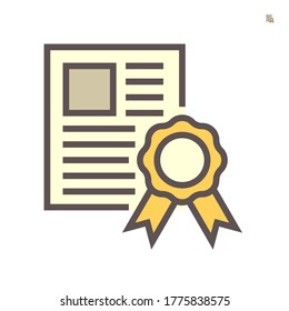 Certificate vector icon. May called certified document, diploma, award or license consist of paper, ribbon, medal for warranty degree, education and graduation. Also qualification, training. 64x64 px.