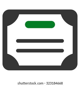 Certificate vector icon. Style is bicolor flat symbol, green and gray colors, rounded angles, white background.