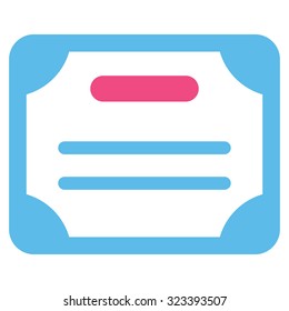 Certificate vector icon. Style is bicolor flat symbol, pink and blue colors, rounded angles, white background.