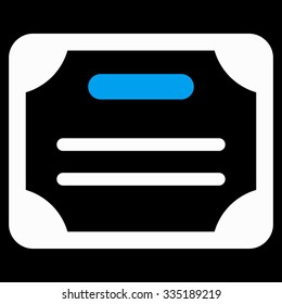 Certificate vector icon. Style is bicolor flat symbol, blue and white colors, rounded angles, black background.