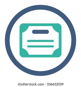 Certificate vector icon. Style is bicolor flat rounded symbol, cobalt and cyan colors, rounded angles, white background.