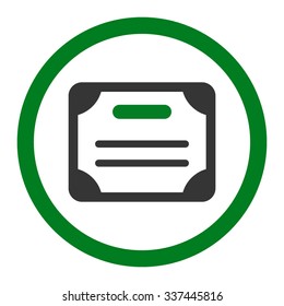 Certificate vector icon. Style is bicolor flat rounded symbol, green and gray colors, rounded angles, white background.