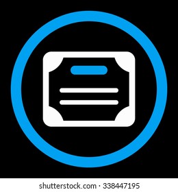 Certificate vector icon. Style is bicolor flat rounded symbol, blue and white colors, rounded angles, black background.