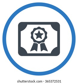Certificate vector icon. Style is bicolor flat circled symbol, smooth blue colors, rounded angles, white background.