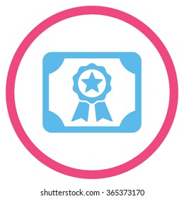 Certificate vector icon. Style is bicolor flat circled symbol, pink and blue colors, rounded angles, white background.