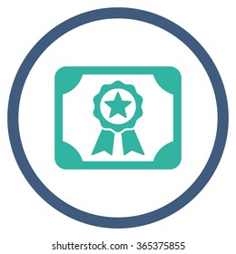 Certificate vector icon. Style is bicolor flat circled symbol, cobalt and cyan colors, rounded angles, white background.