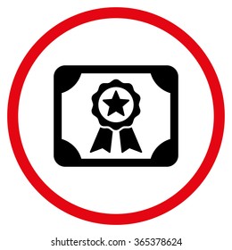 Certificate vector icon. Style is bicolor flat circled symbol, intensive red and black colors, rounded angles, white background.