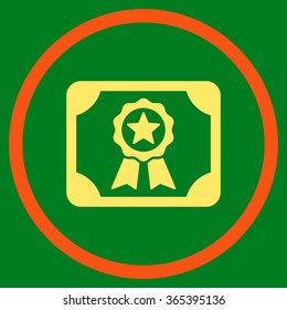 Certificate vector icon. Style is bicolor flat circled symbol, orange and yellow colors, rounded angles, green background.