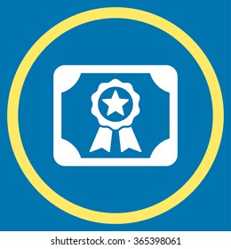 Certificate vector icon. Style is bicolor flat circled symbol, yellow and white colors, rounded angles, blue background.