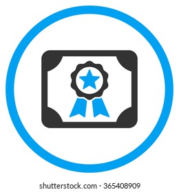 Certificate vector icon. Style is bicolor flat circled symbol, blue and gray colors, rounded angles, white background.