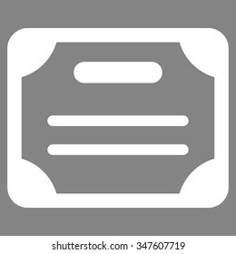 Certificate vector icon. Style is flat symbol, white color, rounded angles, gray background.