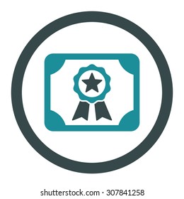 Certificate vector icon. This rounded flat symbol is drawn with soft blue colors on a white background.