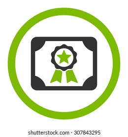 Certificate vector icon. This rounded flat symbol is drawn with eco green and gray colors on a white background.
