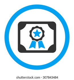 Certificate vector icon. This rounded flat symbol is drawn with blue and gray colors on a white background.