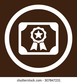 Certificate vector icon. This rounded flat symbol is drawn with white color on a brown background.