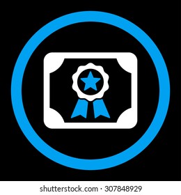 Certificate vector icon. This rounded flat symbol is drawn with blue and white colors on a black background.