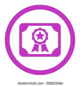 Certificate vector icon. This rounded flat symbol is drawn with violet color on a white background.