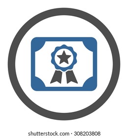 Certificate vector icon. This rounded flat symbol is drawn with cobalt and gray colors on a white background.