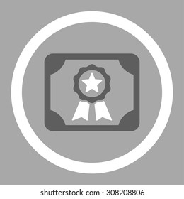 Certificate vector icon. This rounded flat symbol is drawn with dark gray and white colors on a silver background.