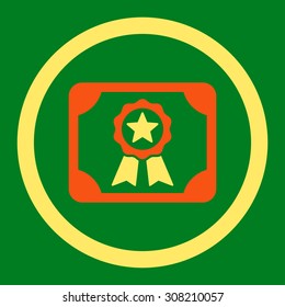 Certificate vector icon. This rounded flat symbol is drawn with orange and yellow colors on a green background.