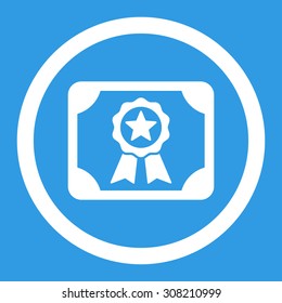 Certificate vector icon. This rounded flat symbol is drawn with white color on a blue background.