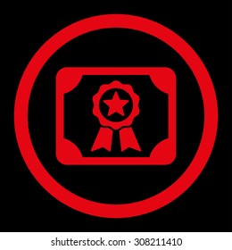 Certificate vector icon. This rounded flat symbol is drawn with red color on a black background.
