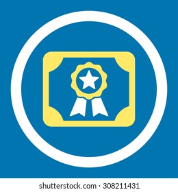 Certificate vector icon. This rounded flat symbol is drawn with yellow and white colors on a blue background.