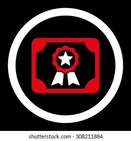 Certificate vector icon. This rounded flat symbol is drawn with red and white colors on a black background.