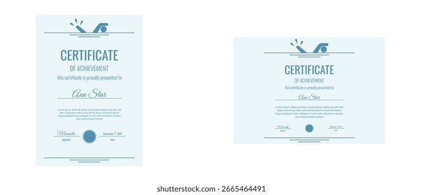 Certificado. Conjunto de Ilustración vectorial de la escuela de natación Certificado de diseño de Plantilla. Diseño perfecto del diploma del certificado del estilo simple para nadar. EPS 10