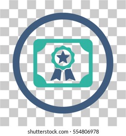 Certificate vector pictogram. Illustration style is flat iconic bicolor cobalt and cyan rounded symbol on a transparent background.