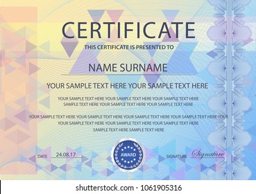 Certificate vector template. Blue formal secured border Guilloche pattern for Diploma, deed, certificate of appreciation, achievement, completion, excellence, attendance design, award. Silver badge