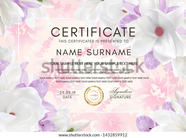 Certificate vector template with flowers. Floral\
background with magnolia and orchid flowers for diploma, wedding\
invitation, romantic summer\
design