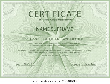 Certificate vector template. Formal secured Guilloche pattern. Green border frame for Diploma, deed, certificate of appreciation, achievement, completion, excellence, attendance design, award