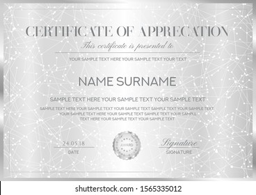 Certificate vector template with silver background, border and emblem. Formal secured Guilloche pattern for Diploma, deed, certificate of appreciation, achievemen