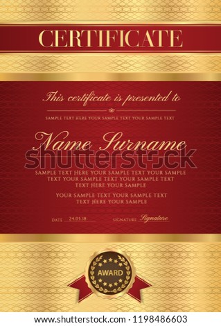 Certificate vector vertical template. Secured gold border Guilloche pattern for Diploma, deed, certificate of appreciation, achievement, music award, completion design. Red ribbon, maroon emblem