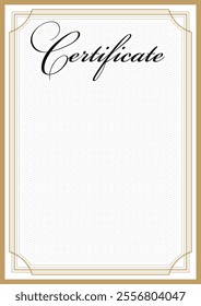 Certificate vertical concept with water mark backdrop, vintage golden frame and beautiful calligraphy title. Form format 210 by 297 in proportion. Diploma template with copy space. Isolated design.