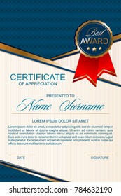 certificate vertical in simple blue-and-gold style medal stamp