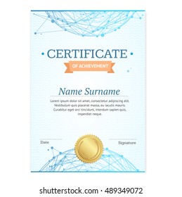 Certificate Vertical Template with Abstract Mesh Sphere. Vector illustration