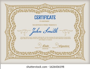 Certificate. Vintage template diploma currency border. Vector illustration.