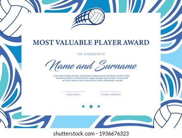 Certificate for volleyball most valuable player award, tournament participation diploma vector template. Sport club achievement border design with ball. School league or beach volleyball competition