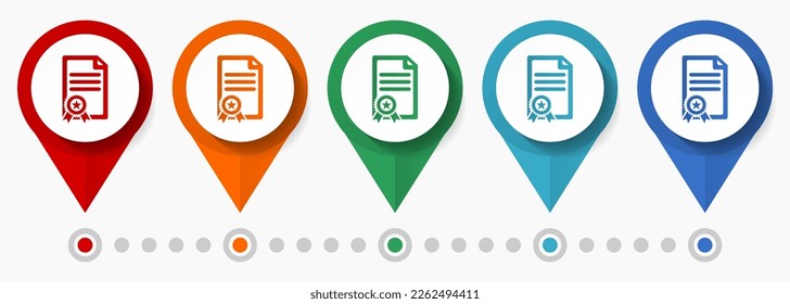 Certificado, concepto de garantía conjunto de iconos vectoriales, punteros de documentos de diseño plano, plantilla de infografía