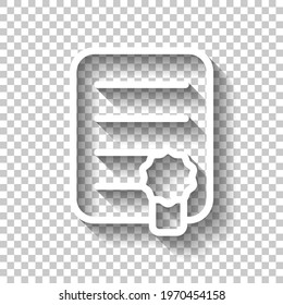 Certificate warranty, stamp premium quality business icon. White linear icon with editable stroke and shadow on transparent background