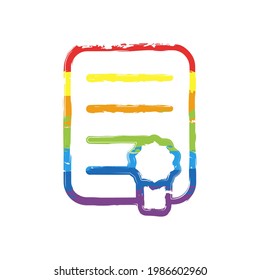 Certificate warranty, stamp premium quality business icon. Drawing sign with LGBT style, seven colors of rainbow (red, orange, yellow, green, blue, indigo, violet