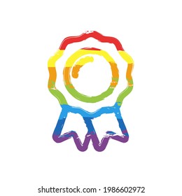 Certificate warranty, stamp premium quality business icon. Drawing sign with LGBT style, seven colors of rainbow (red, orange, yellow, green, blue, indigo, violet
