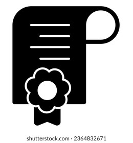 Certificate with wax seal and ribbon, document solid icon, education concept, letter vector sign on white background, glyph style icon for mobile concept and web design. Vector graphics