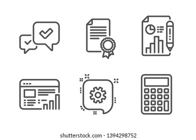 Certificate, Web report and Report document icons simple set. Cogwheel, Approve and Calculator signs. Diploma, Graph chart. Education set. Line certificate icon. Editable stroke. Vector