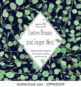 Certificate, wedding invitation, banner with green eucalyptus leaves and branches on a black background in a diamond-shaped frame. Watercolor vector
