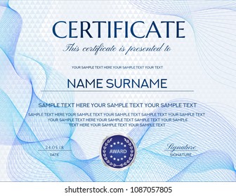 Certificate with white abstract background. Design template with blue abstract pattern (geometric triangle shapes). Background useful for Diploma, business education award